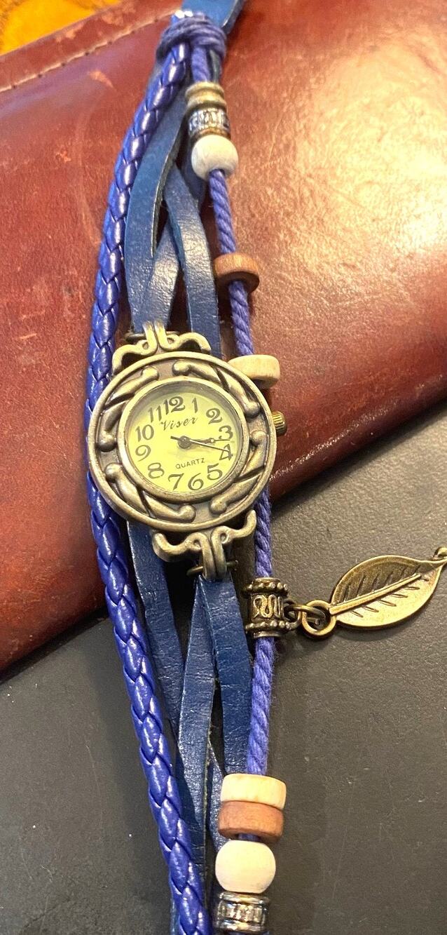 Women's Viser Watch, Bronze Tone with Leather and Beaded Band, Leaf Charm